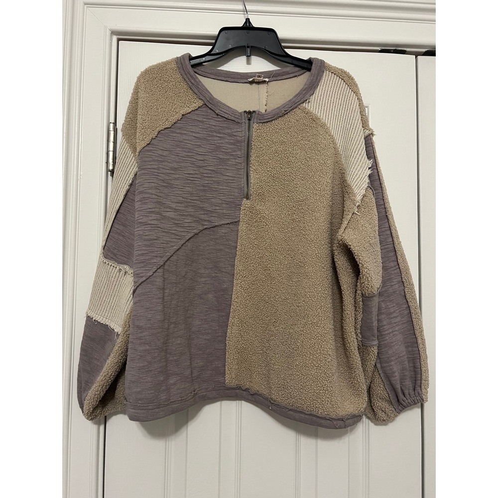 POL Mixed Media Patchwork Sherpa Quarter Zip Pullover GWT93 Brown Grey Womens S